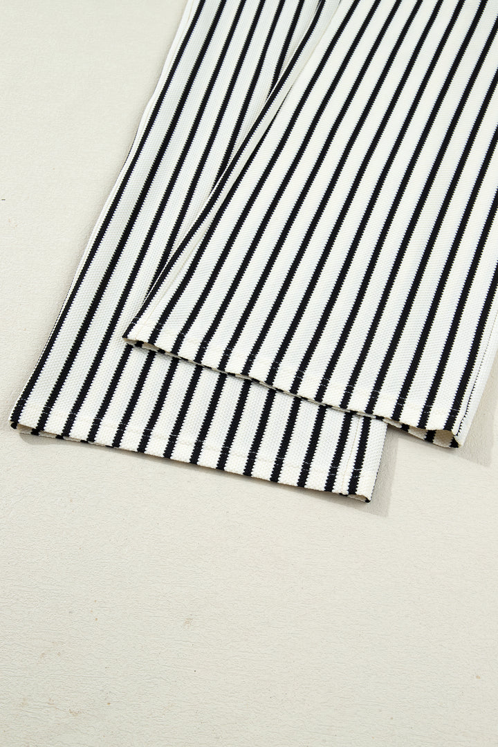 White Stripe Ruffle Trim Drop Shoulder Top Drawstring Loose Pant Set