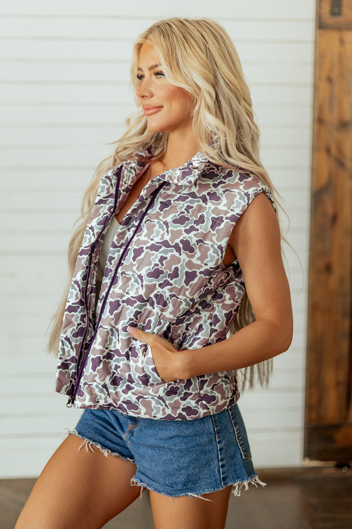 Multicolour Camouflage Puffer Zip-up Stand Neck Sleeveless Vest