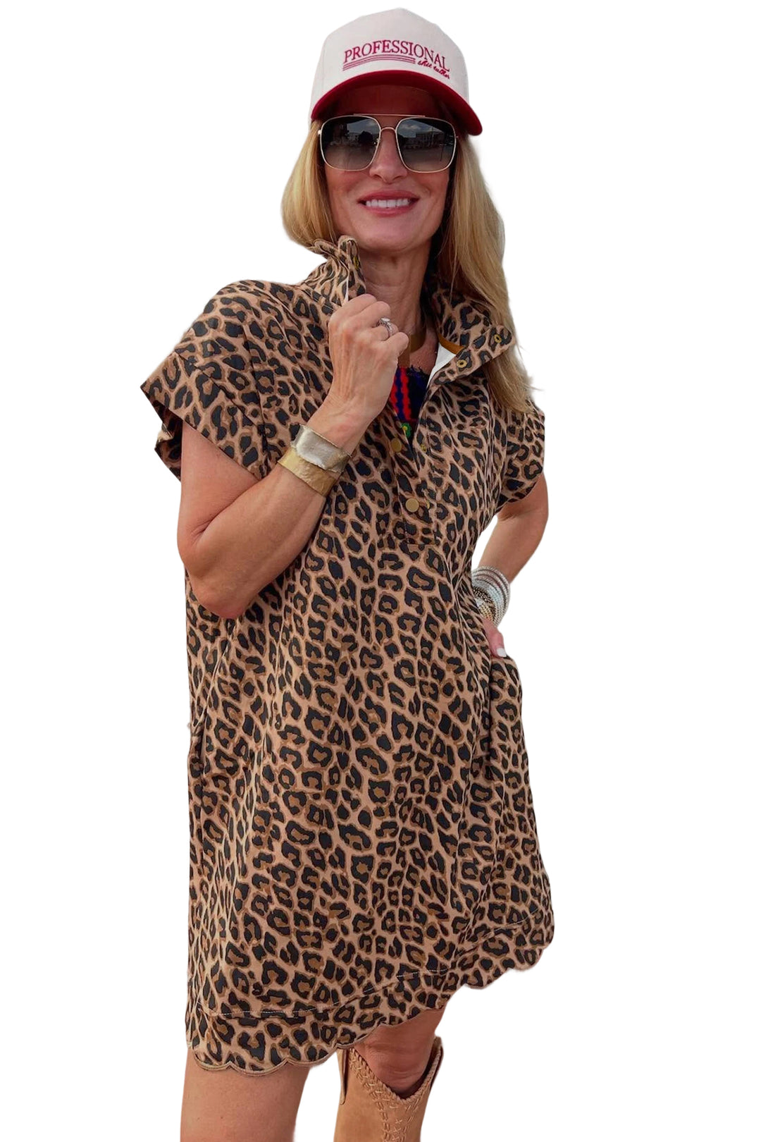Khaki Buttoned Collar Short Sleeve Shift Leopard Dress with Pockets