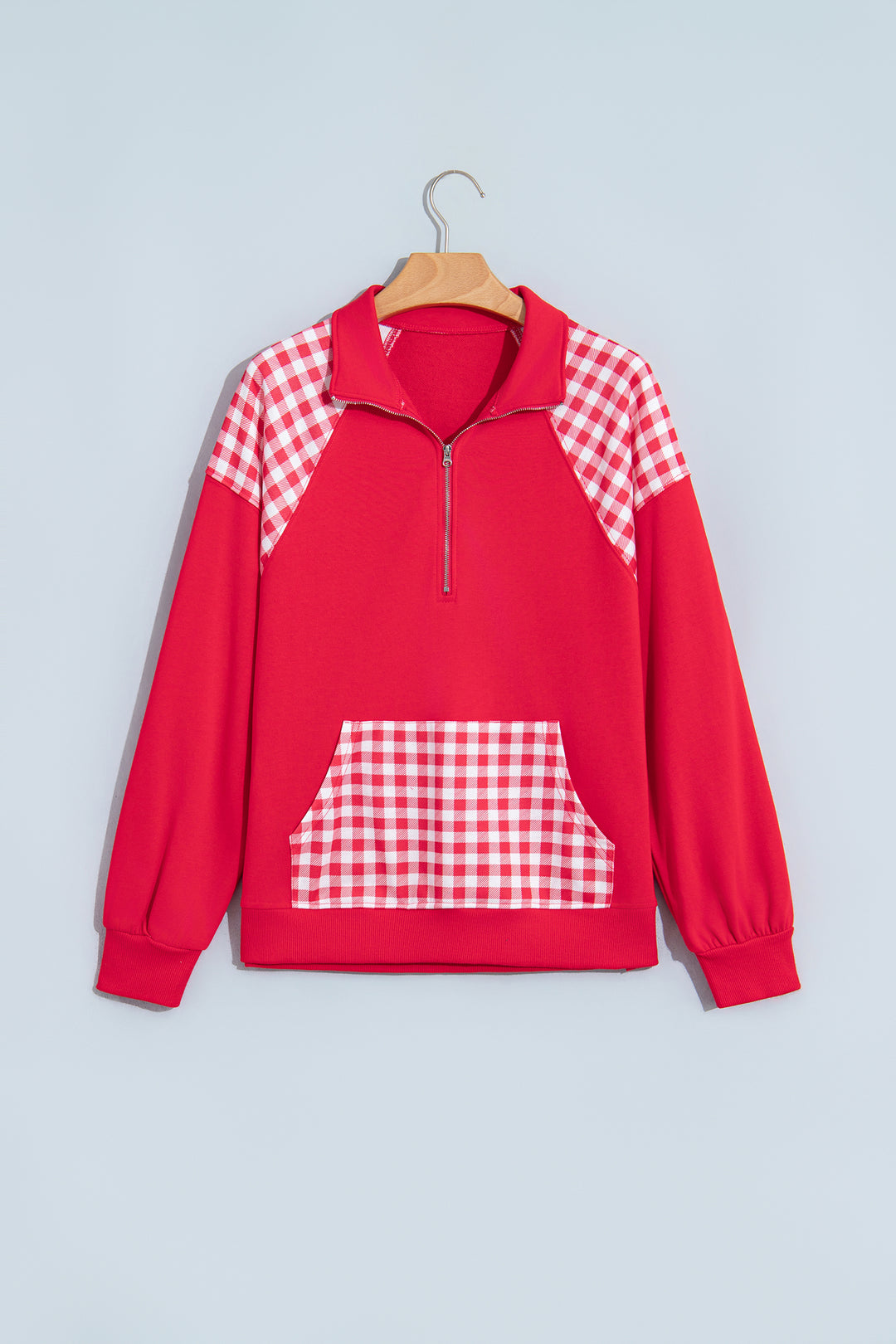 Navy Blue Patchwork Plaid Pocket Quarter Zip Sweatshirt