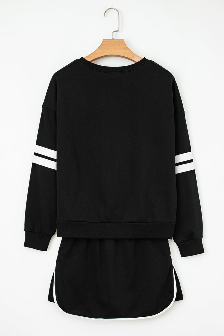 Orange Varsity Stripe Detail Drop Shoulder Pullover Mini Skirt Set