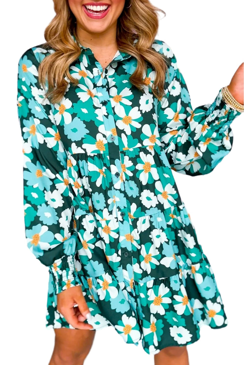 Green Floral Tiered Long Puff Sleeve Shirt Dress