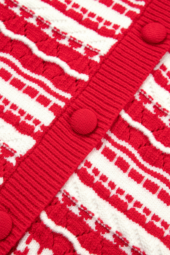 Red Geometric Striped Pattern V Neck Button Front Casual Knit Cardigan
