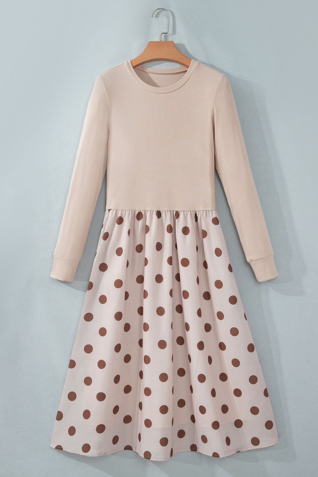 Beige Polka Dot Midi Long Sleeve Dress