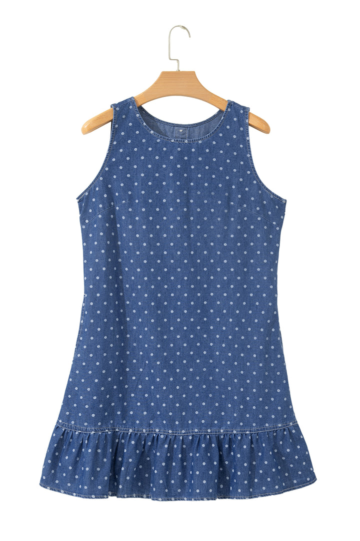 Blue Polka Dot Ruffle Hem Sleeveless Shift Dress Mini Vacation Wholesale