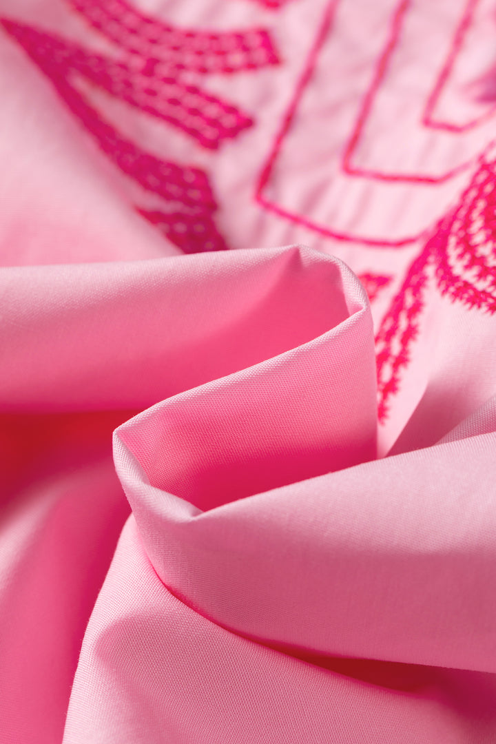 Pink Boho Embroidered Detail Puff Sleeve Cotton Blouse