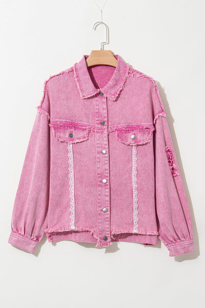 Pink Lace Patchwork Distressed Buttoned Denim Jacket