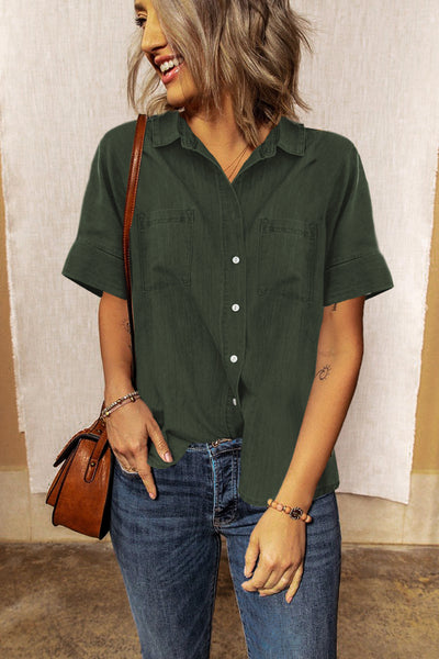 Green Turn-down Collar Short Sleeve Denim Shirt