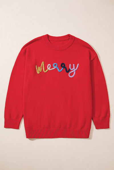 Fiery Red Tinsel merry Pattern Drop Shoulder Plus Size Sweater