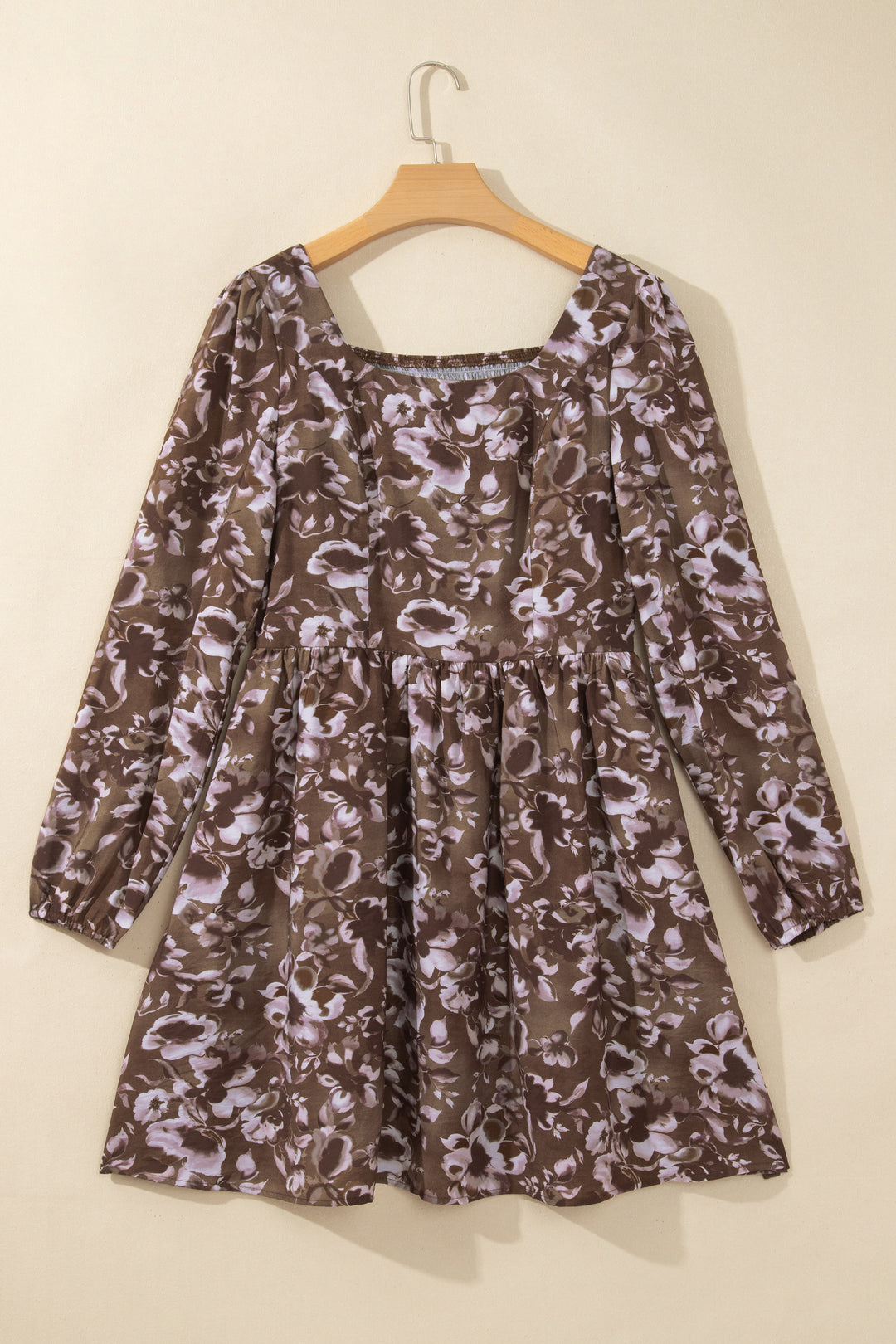 Brown Abstract Floral Print Square Neck Long Sleeve Mini Shift Dress