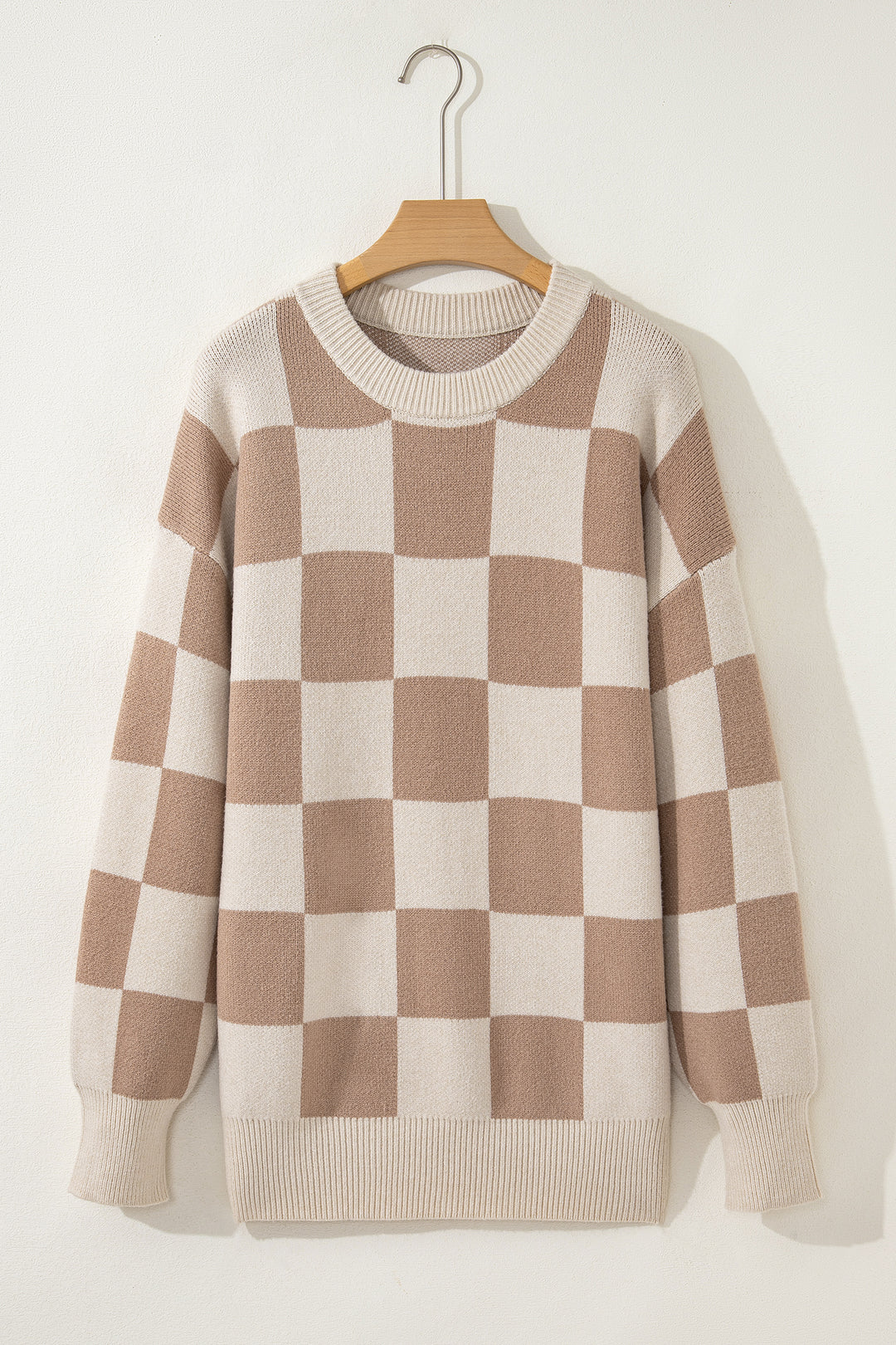 Grapefruit Orange Checkered Pattern Ribbed Trim Knit Baggy Sweater