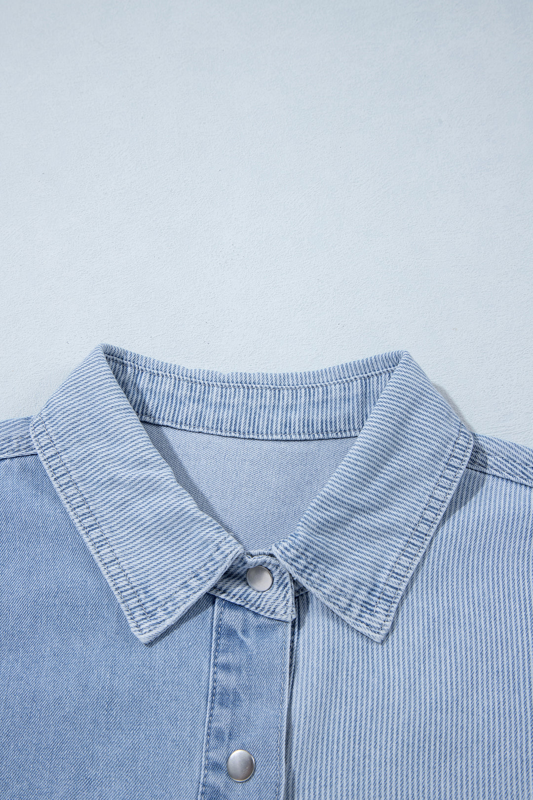 Beau Blue Lightweight Denim Striped Patchwork Button Down Shacket