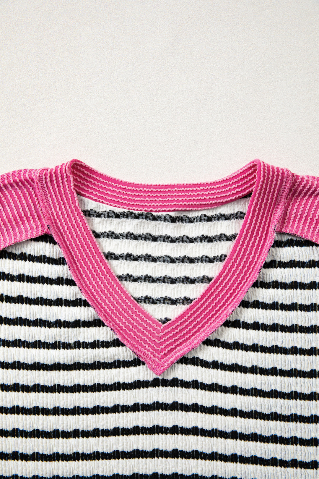 Black Stripe Textured Knit Twisted Rib Contrast Patchwork V Neck Long Sleeve Top