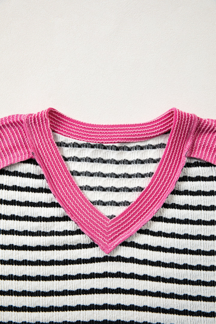 Black Stripe Textured Knit Twisted Rib Contrast Patchwork V Neck Long Sleeve Top