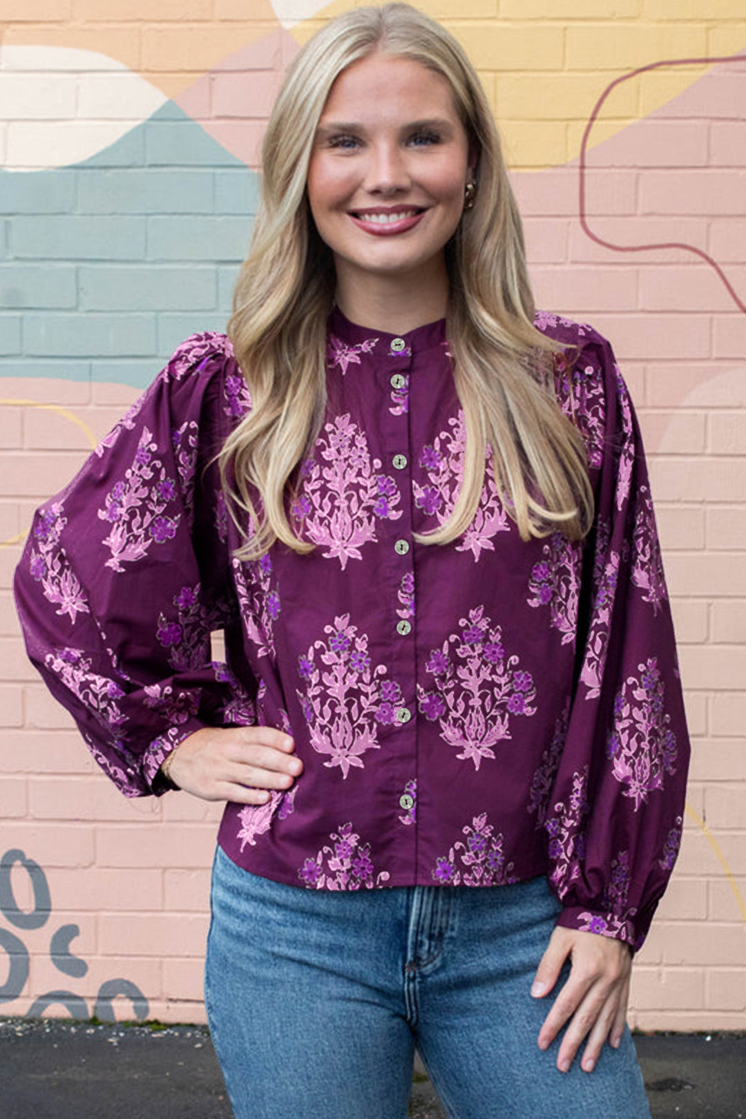 Purple Floral Print Button-Up Long Puff Sleeve Loose Shirt