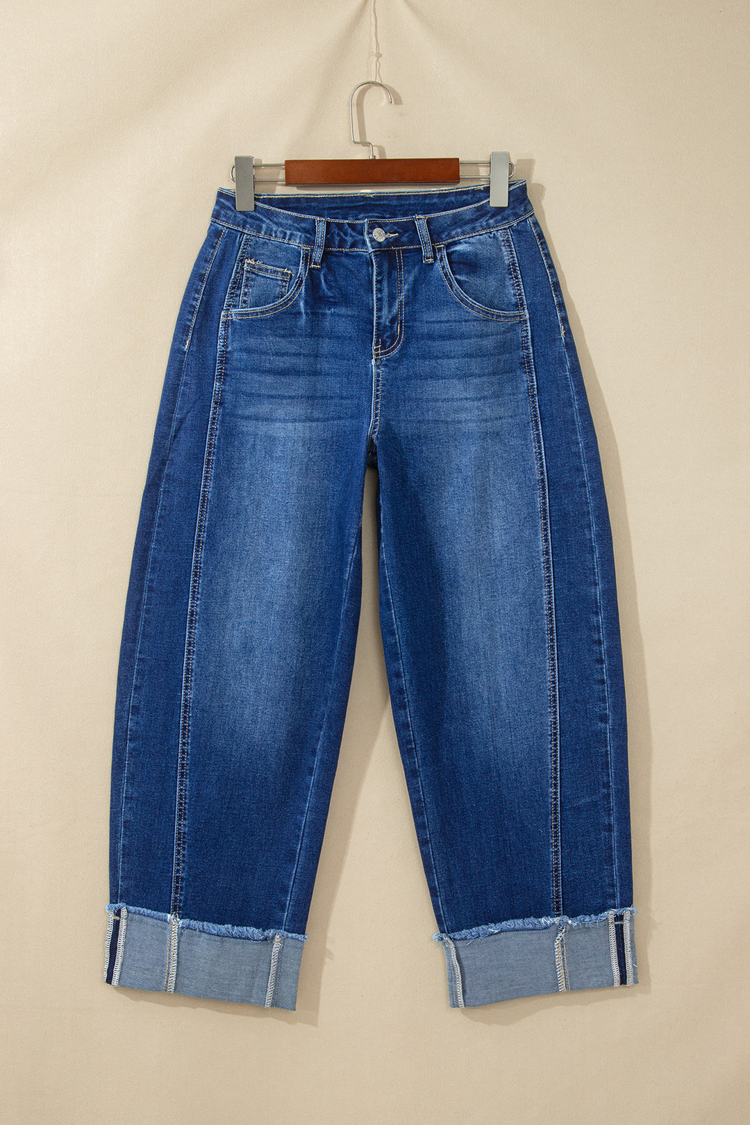 Sail Blue Raw Hem Turnup Loose Ankle-length Jeans
