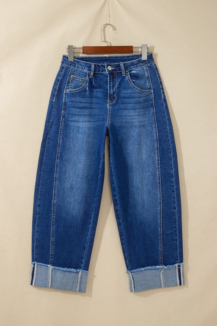 Sail Blue Raw Hem Turnup Loose Ankle-length Jeans