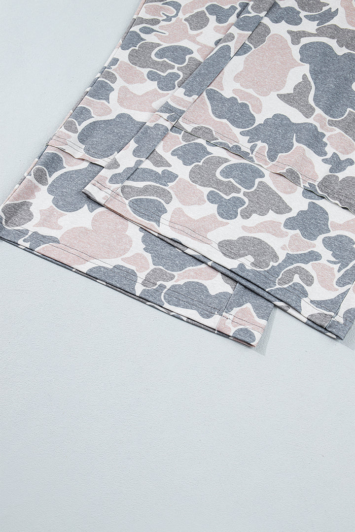 Khaki Camouflage Print Patch Pockets Ankle-Length Plus Size Pants