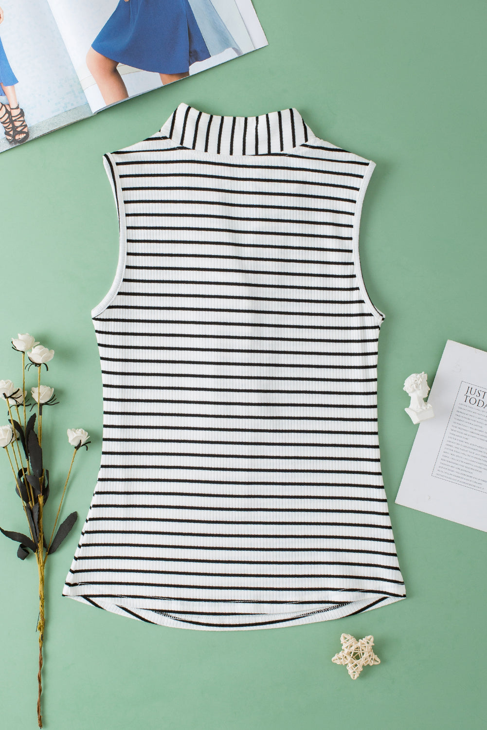 White Striped V Neck Buttoned Tank Top