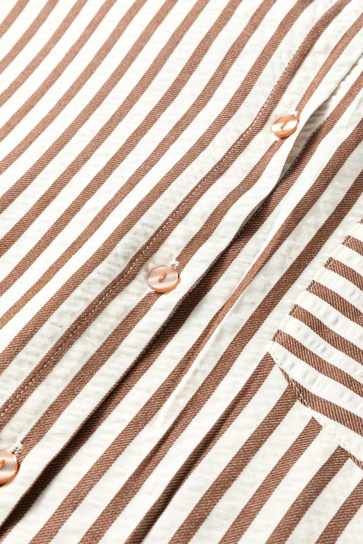 Brown Stripe Textured 3/4 Sleeve Round Hem Split Midi Shirt Dress