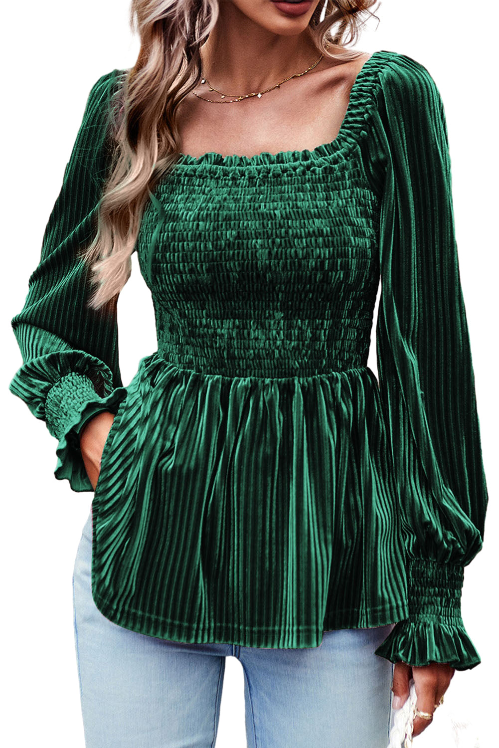 Blackish Green Smocked Ribbed Velvet Babydoll Top