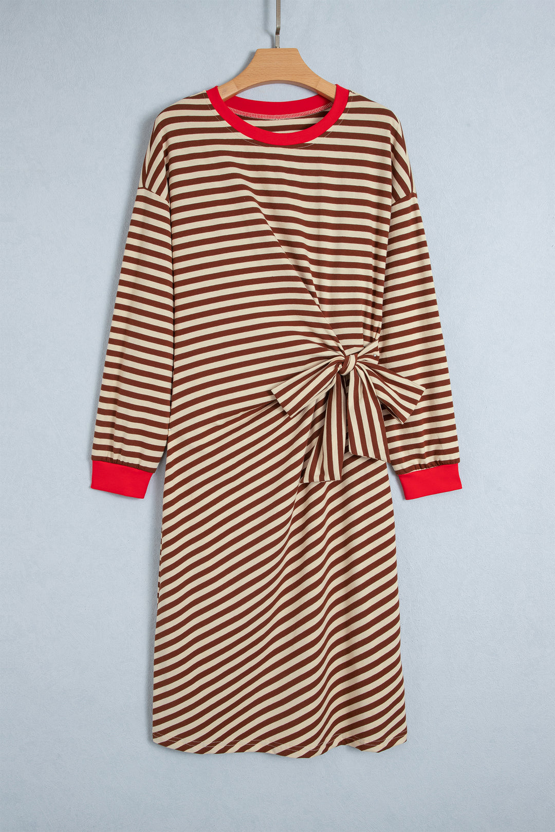 Brown Stripe Striped Colorblock Cuffs Round Neck Long Sleeve Shift Dress
