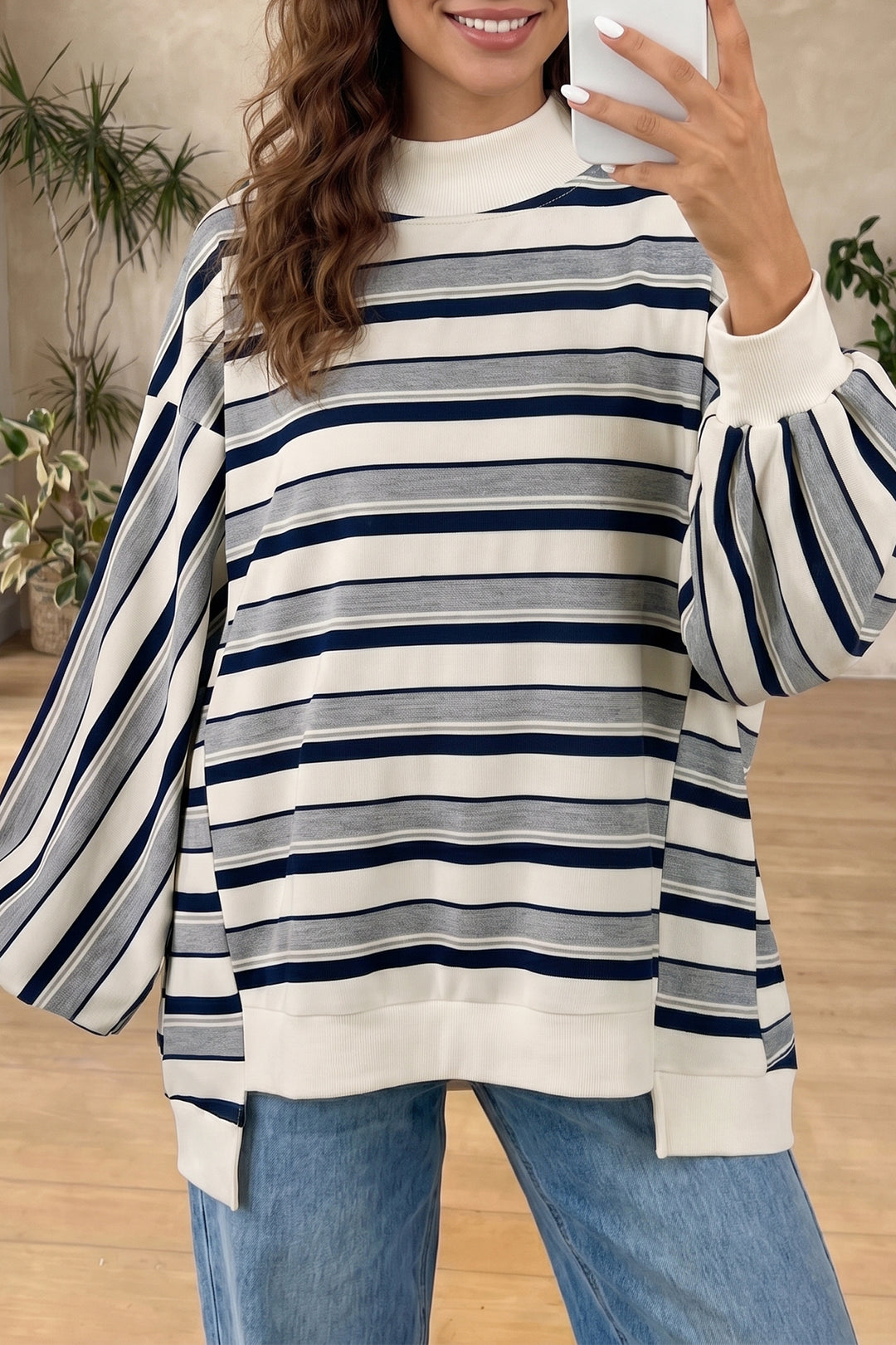 Blue Stripe Striped Ribbed Stand Neck Long Sleeve Shift Silhouette Sweatshirt