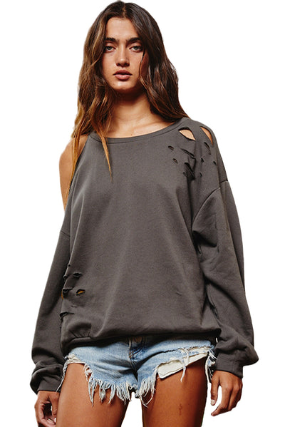 Medium Grey Distressed Asymmetric Cold Shoulder Pullover