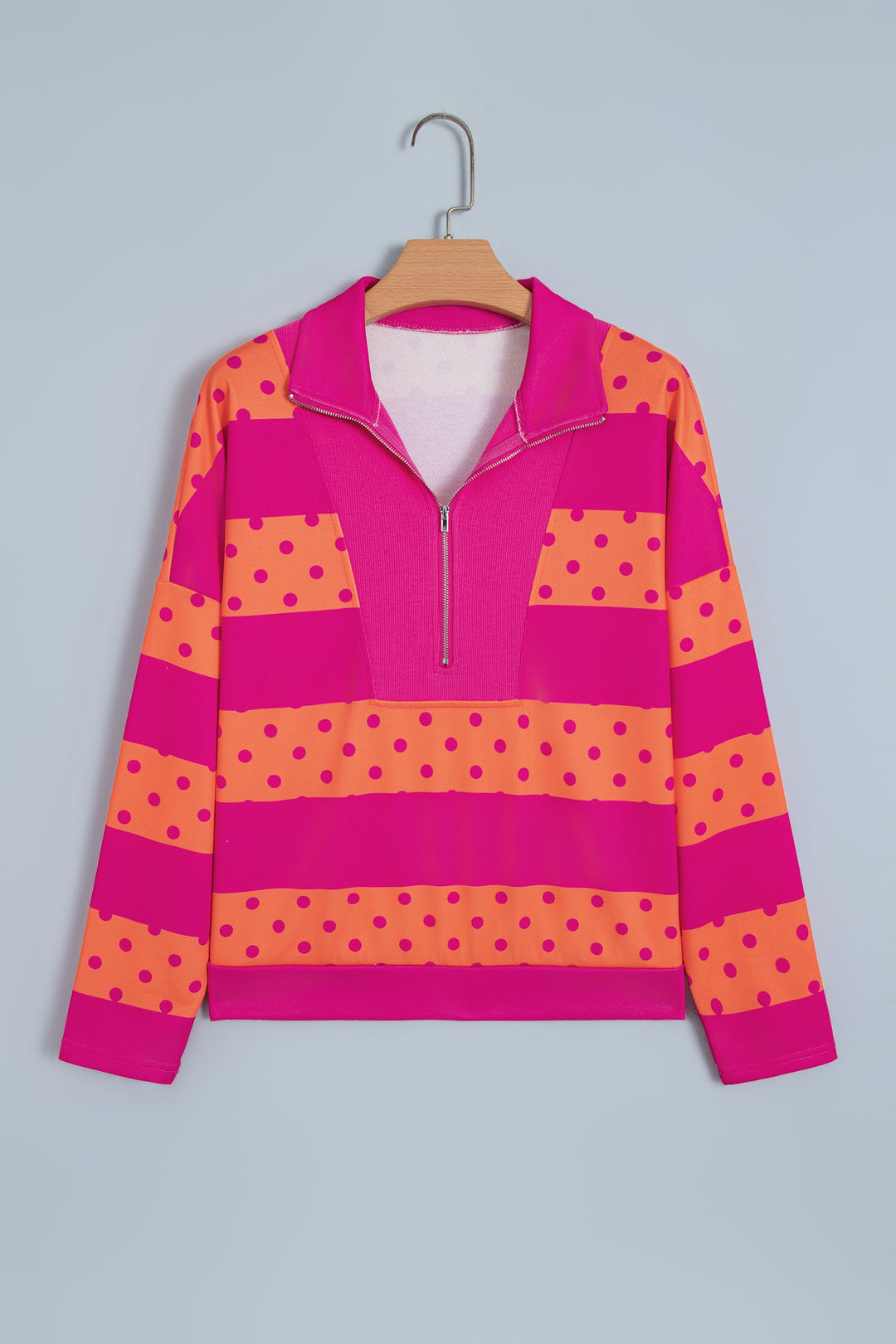 Brown Stripe Patchwork Polka Dot Accent Quarter Zip Long Sleeve Top