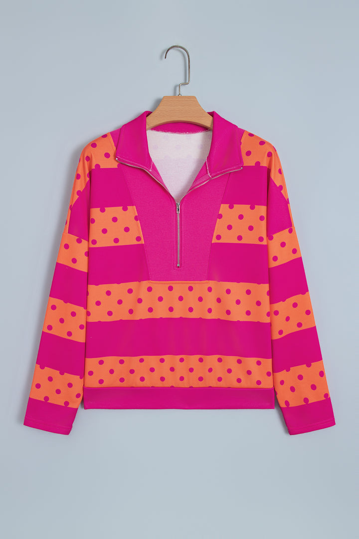Brown Stripe Patchwork Polka Dot Accent Quarter Zip Long Sleeve Top