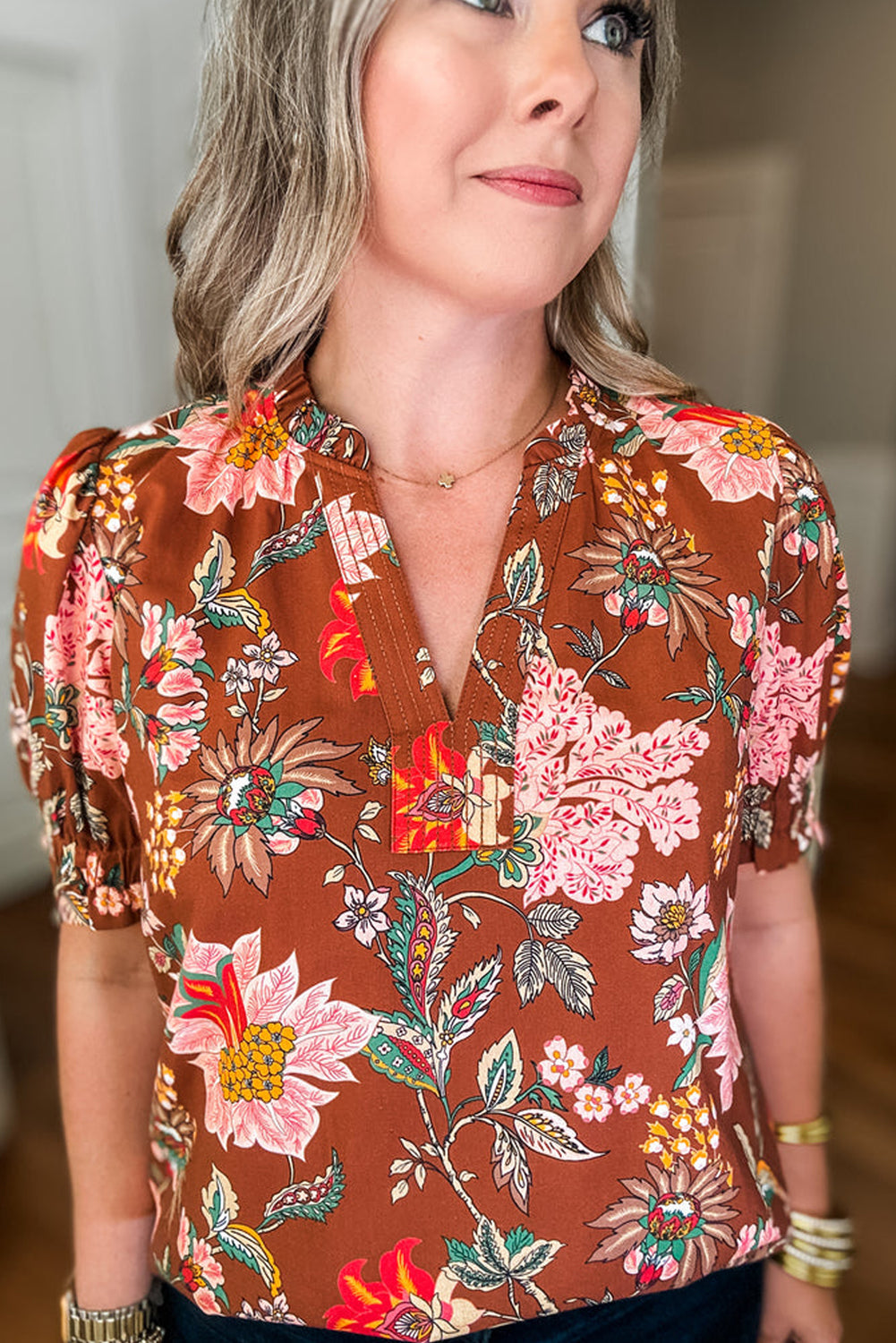 Brown Floral Stitched V Neck Frilled Trim Puff Short Sleeve Blouse