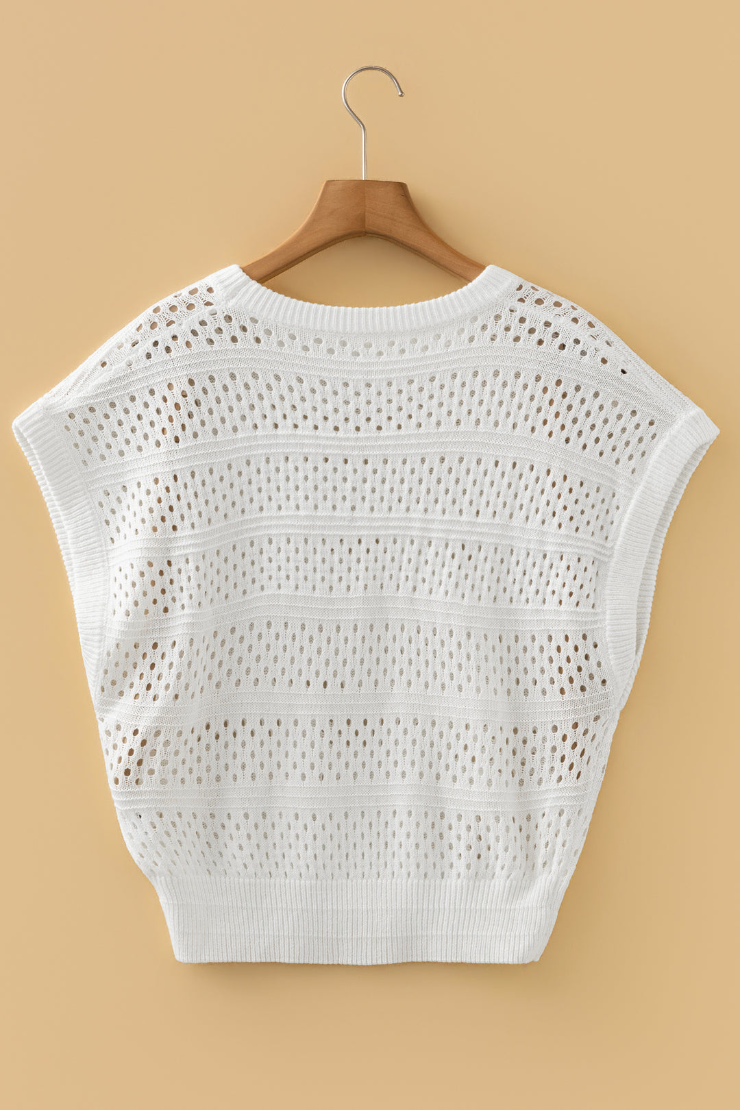 White Hollow Out Knit Round Neck Dolman Sweater