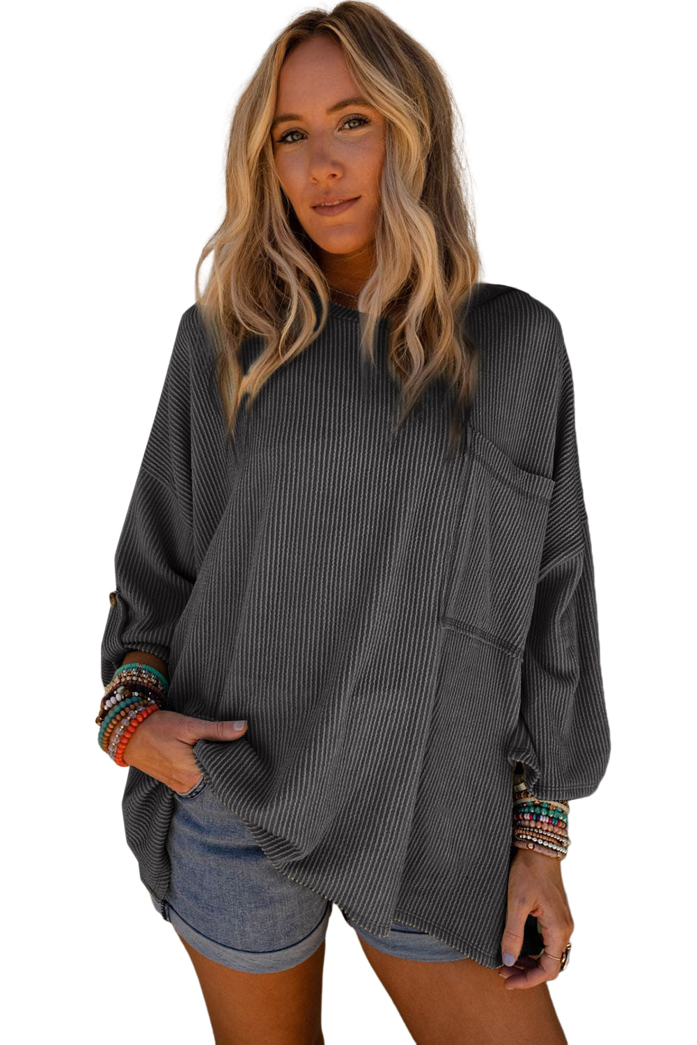 Dark Gray Ribbed Roll-tab Sleeve Chest Pocket Oversize Top