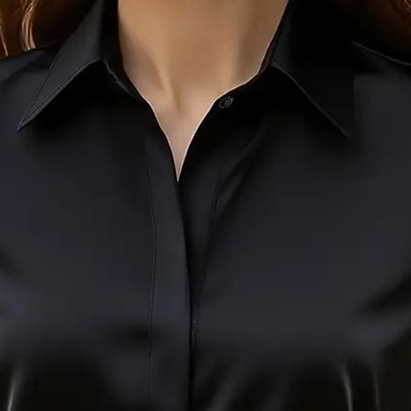 Loose Fit Satin Blouse — V-Neck Long Sleeve Tunic Top for Office &amp; Casual Wear