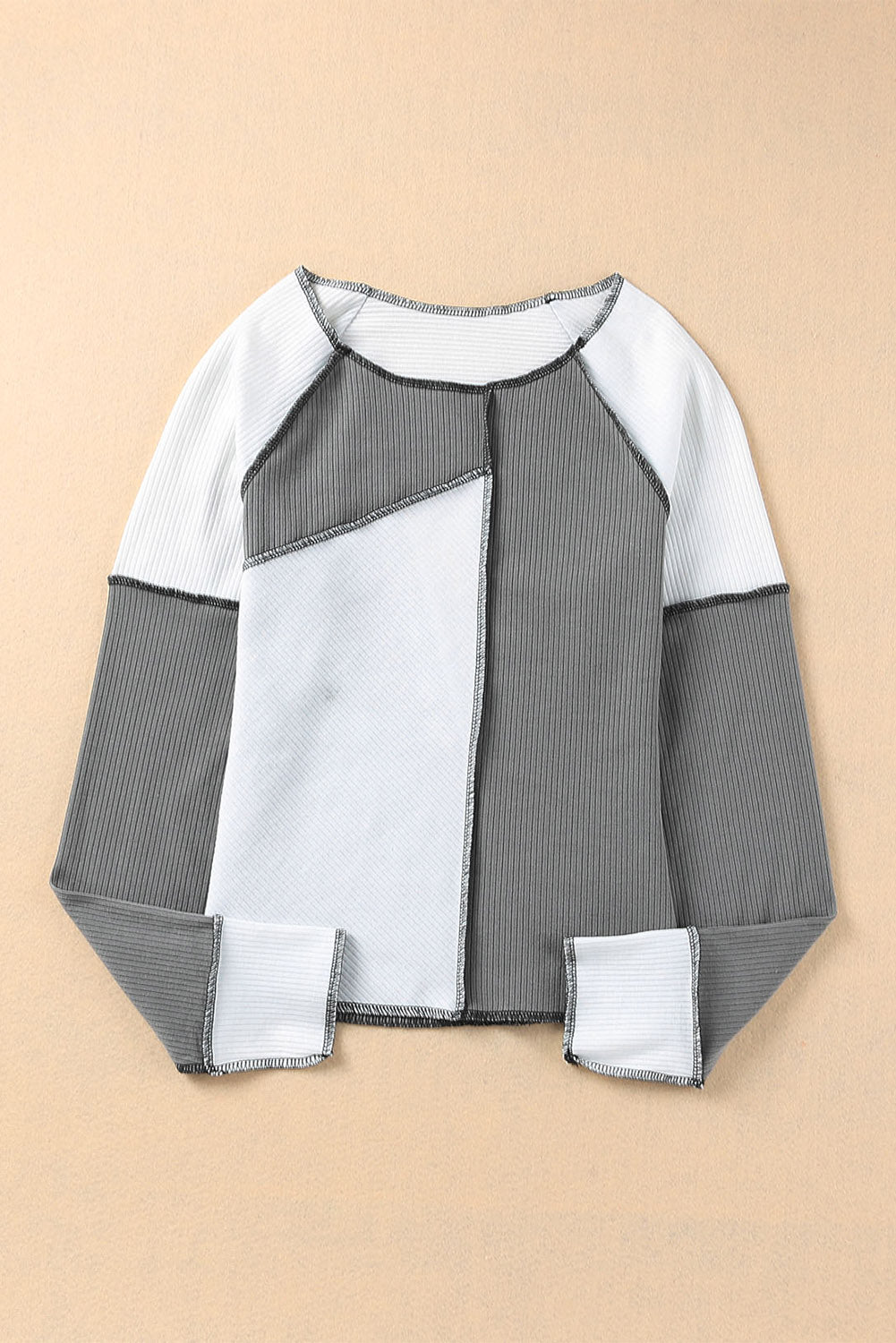 Gray Irregular Color Block Seaming Trim Rib Knit Top