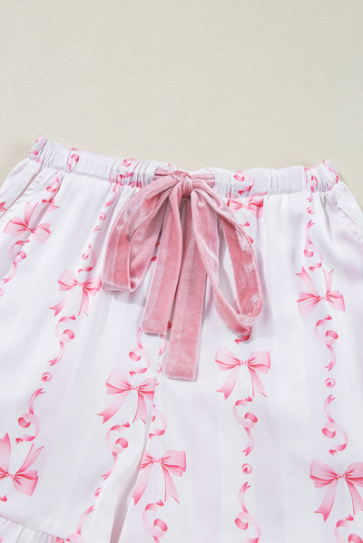 Pink Satin Bow Bell Sleeve Shirt and Ruffled Shorts Pajama Set