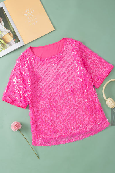 Bright Pink Sequin Round Neck Half Sleeve Top