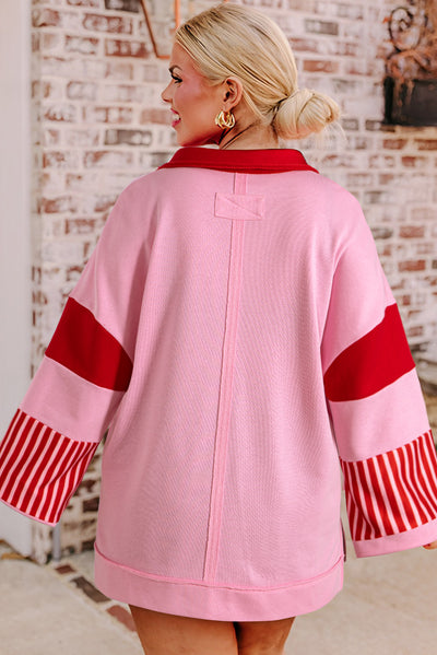 Rose Striped Patchwork Side Split Collared Plus Size Sweatshirt