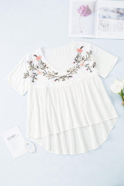 White Floral Embroidered V Neck Crinkle Babydoll Blouse