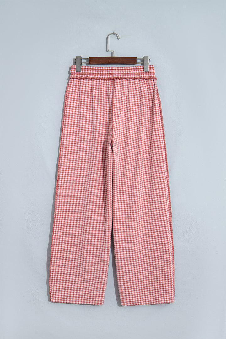 Green Plaid Contrast Trim Drawstring Elastic Waist Shift Pants