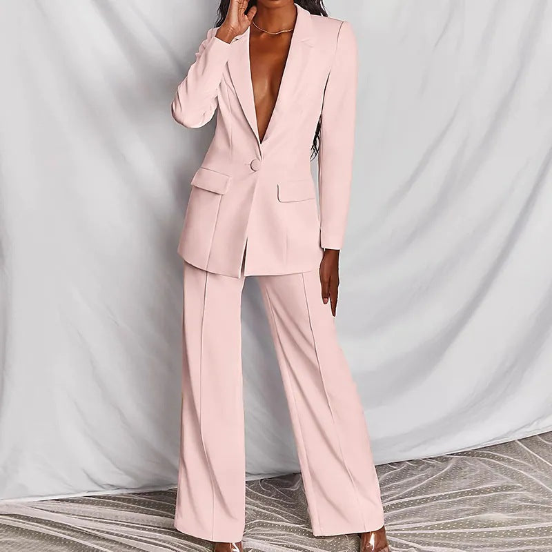 Lapel Button-Down Blazer &amp; Straight-Leg Trousers Suit