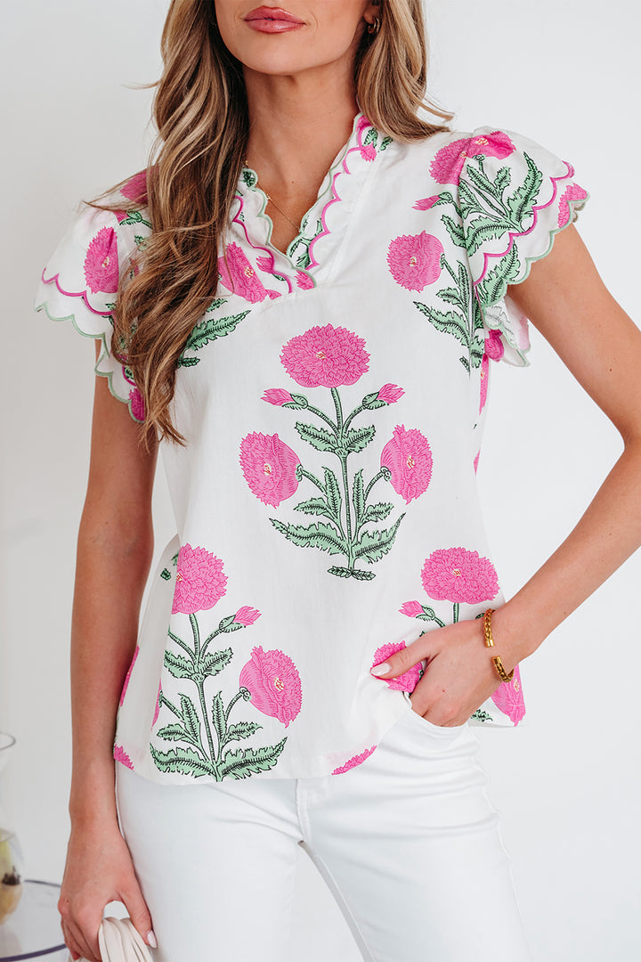 Pink Wild Flower Print Contrast Trim Scallop Detail Short Sleeve Blouse