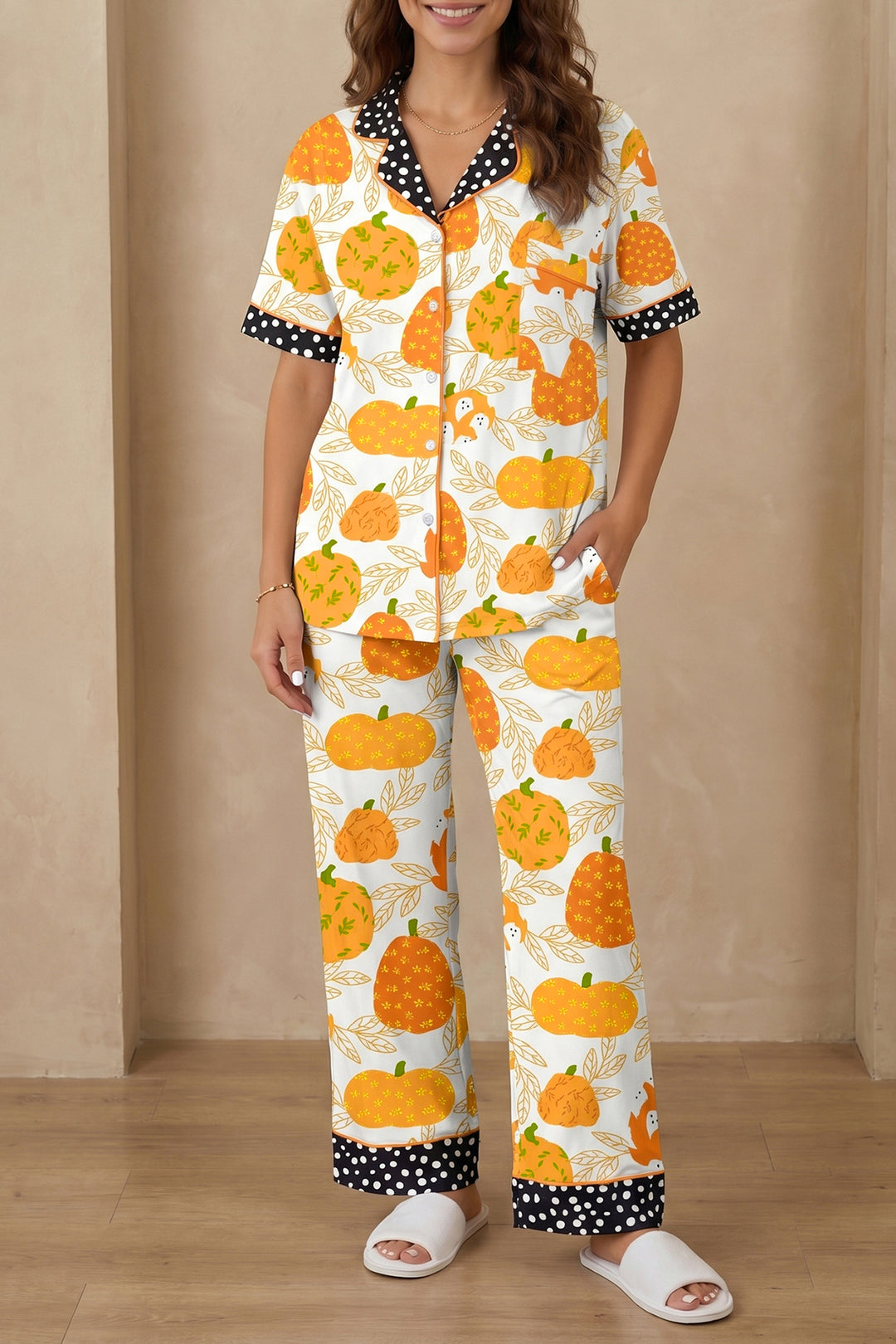 Orange Short Sleeve Pumpkin Print Polka Dot Trim Pocket Pocket Placket Home Wear Lounge Set