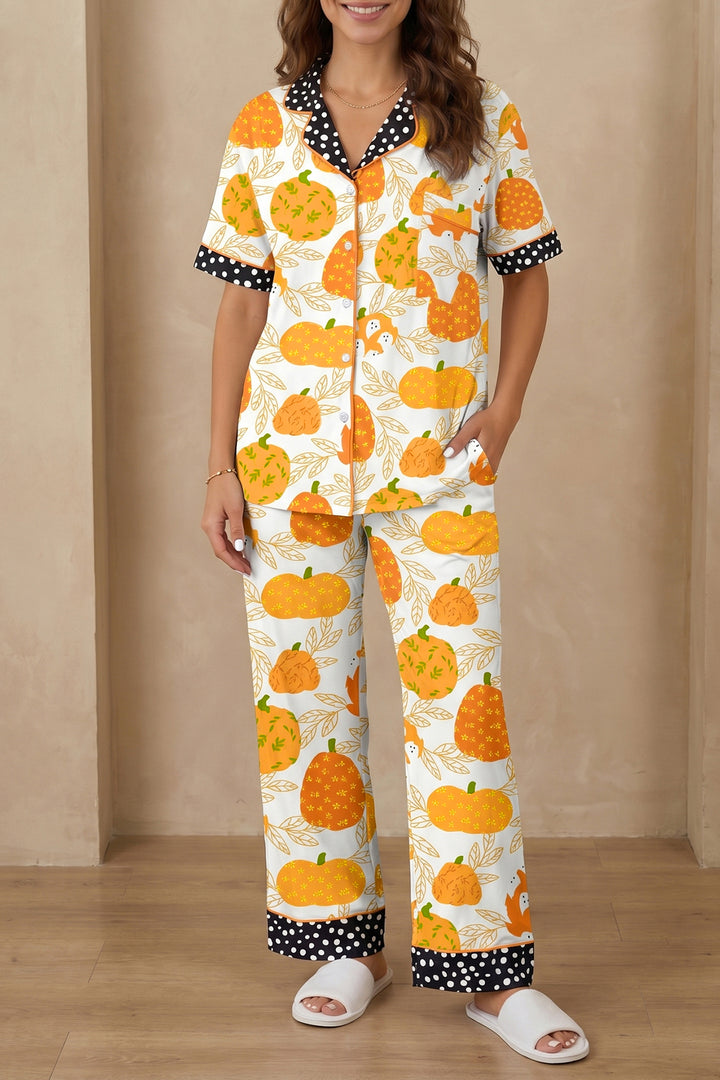 Orange Short Sleeve Pumpkin Print Polka Dot Trim Pocket Pocket Placket Home Wear Lounge Set