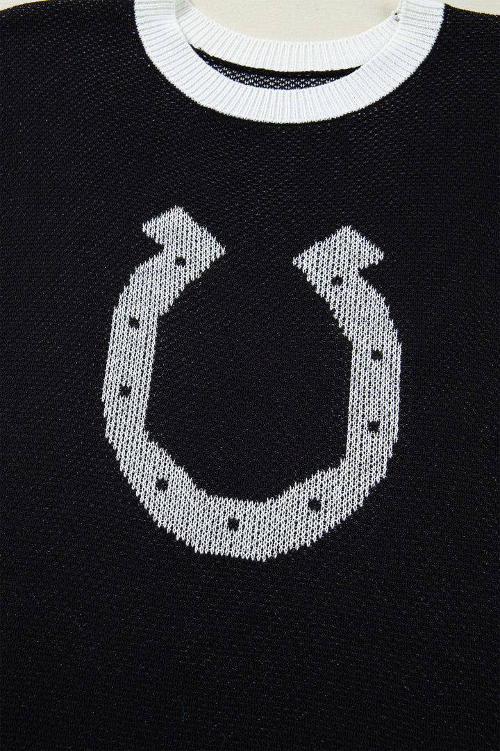 Black Horse Shoe Pattern Contrast Trim Short Sleeve Sweater