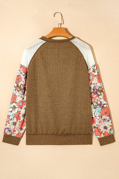 Brown Floral Patchwork Puff Sleeve Textured Blouse