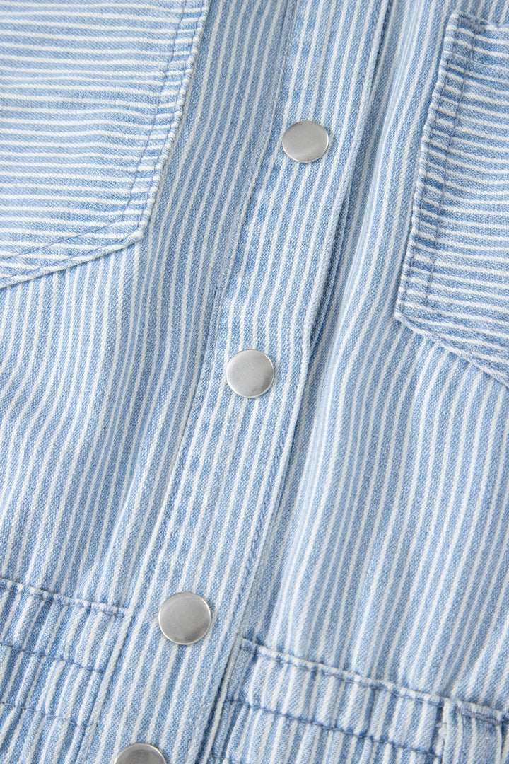Sky Blue Stripe Collared Button Front Sleeveless Denim Mini Dress