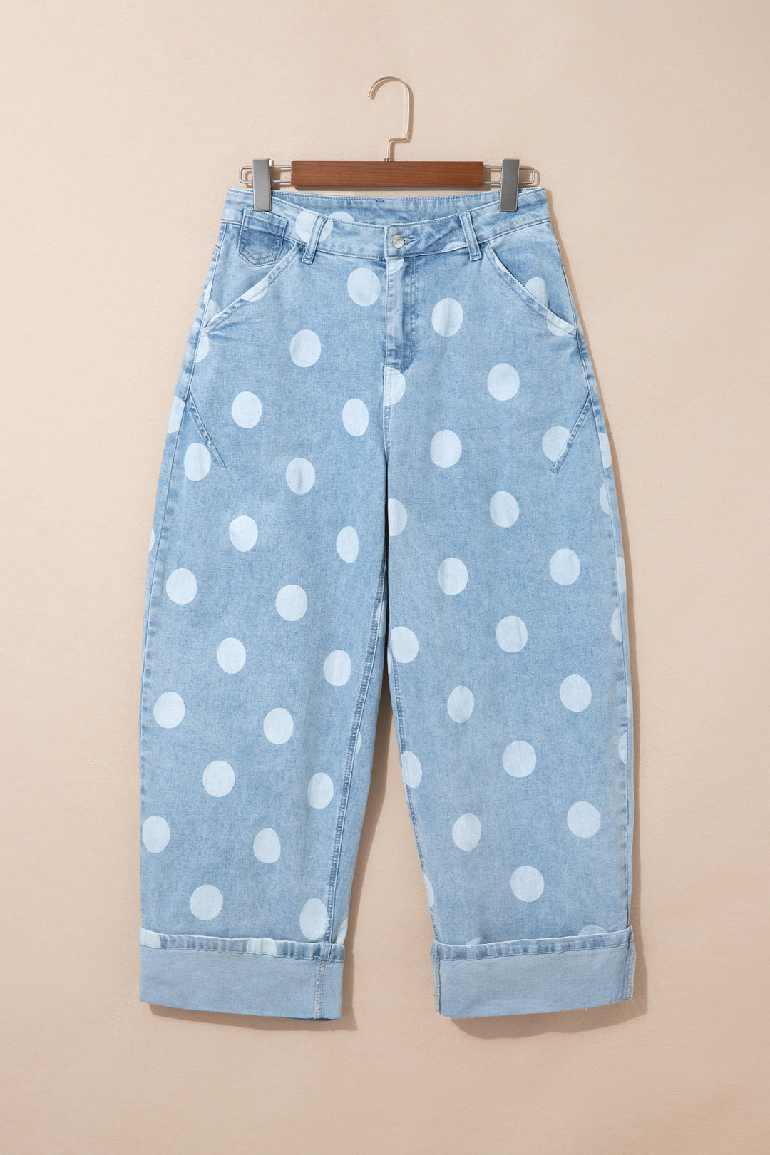 Sky Blue Polka Dot Ankle-Length Metal Button Casual Jeans