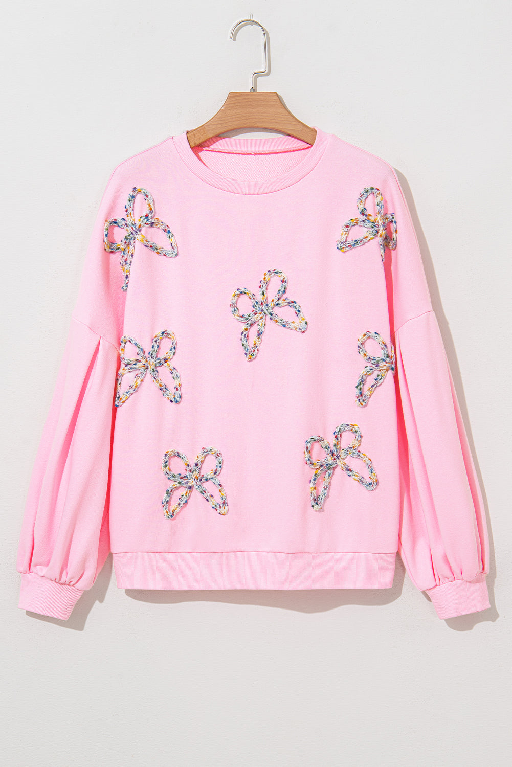 Parchment Embroidered Bow Lantern Sleeve Oversized Pullover Sweatshirt