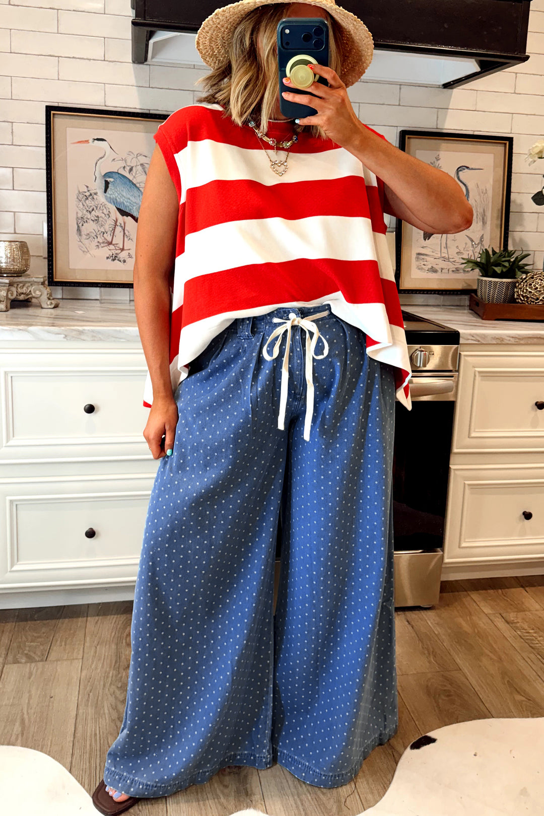 Sky Blue Polka Dot Wide Leg Full Length Shift Silhouette Plus Size Jeans